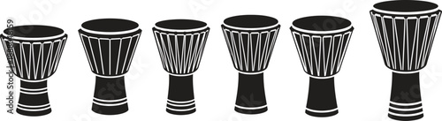 A row of six traditional african djembe drums with intricate designs