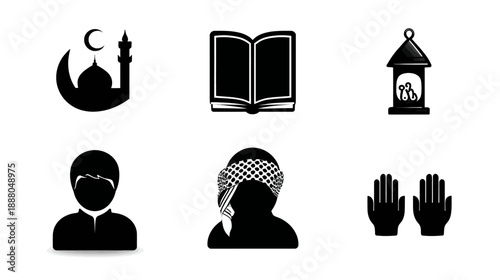 Islamic Culture and Religion Vector Icons Set. Muslim Symbols, Prayer, Mosque, Lantern, Traditional Dress Silhouettes.