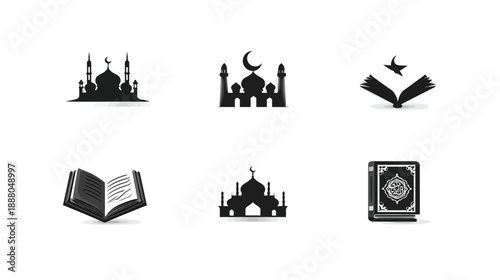 Islamic Mosque and Holy Book Icon Set. Collection of black silhouettes featuring religious architecture, minarets, domes, crescent moons, and sacred texts.