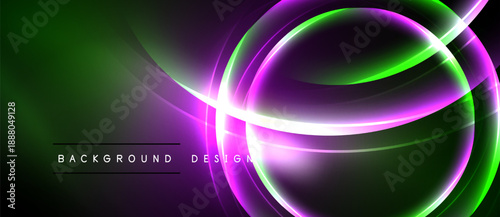 Vibrant abstract design features flowing curves, neon colors. Green, purple hues create dynamic visual effect. Modern background element.