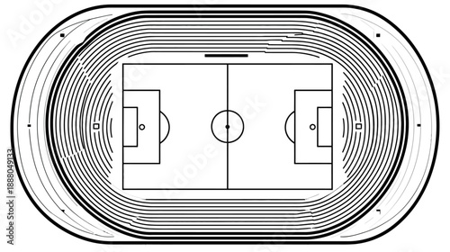 Minimalist top-down line art illustration of a multi-purpose sports stadium with soccer field, running track, and spectator stands.