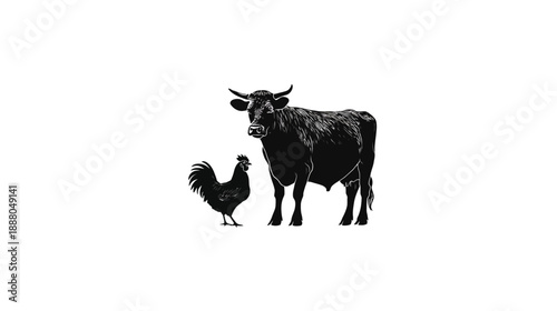 Black silhouette illustration of a farm cow and a rooster standing together, symbolizing agriculture, livestock, and rural life.