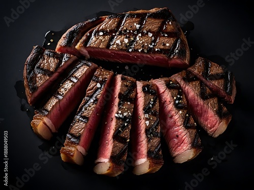 Perfectly Seared Steak, Delicately Sliced Displayed on a Dramatic Black Background