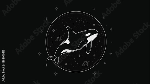 Striking monochromatic killer whale illustration in a starry cosmic circle frame, mystic marine mammal graphic design on black.