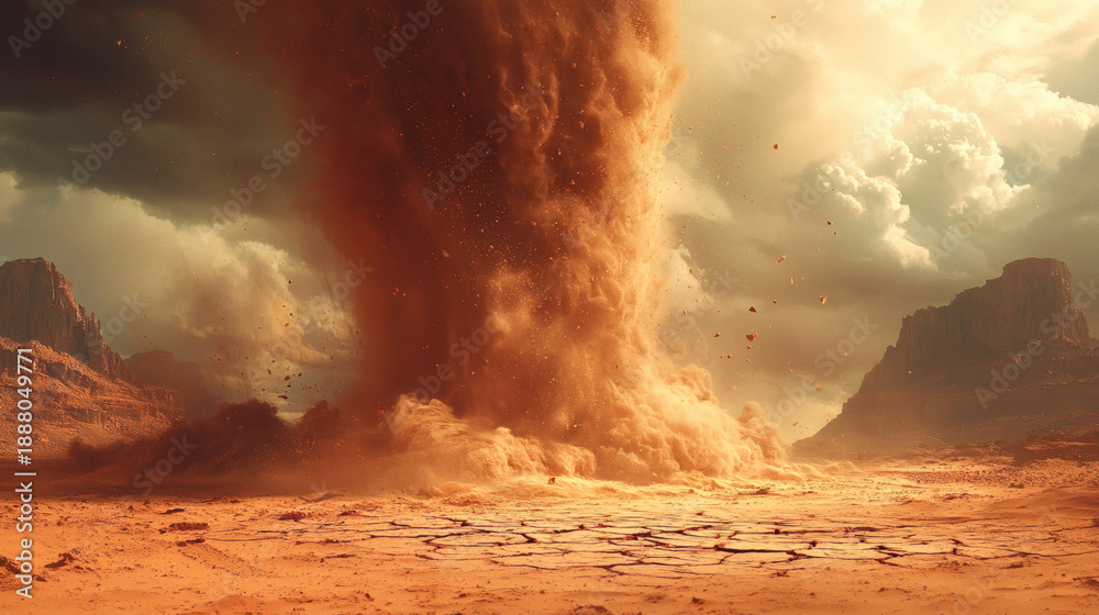 Fototapeta premium Dust Storm Rising Over Barren Landscape Under Dramatic Sky