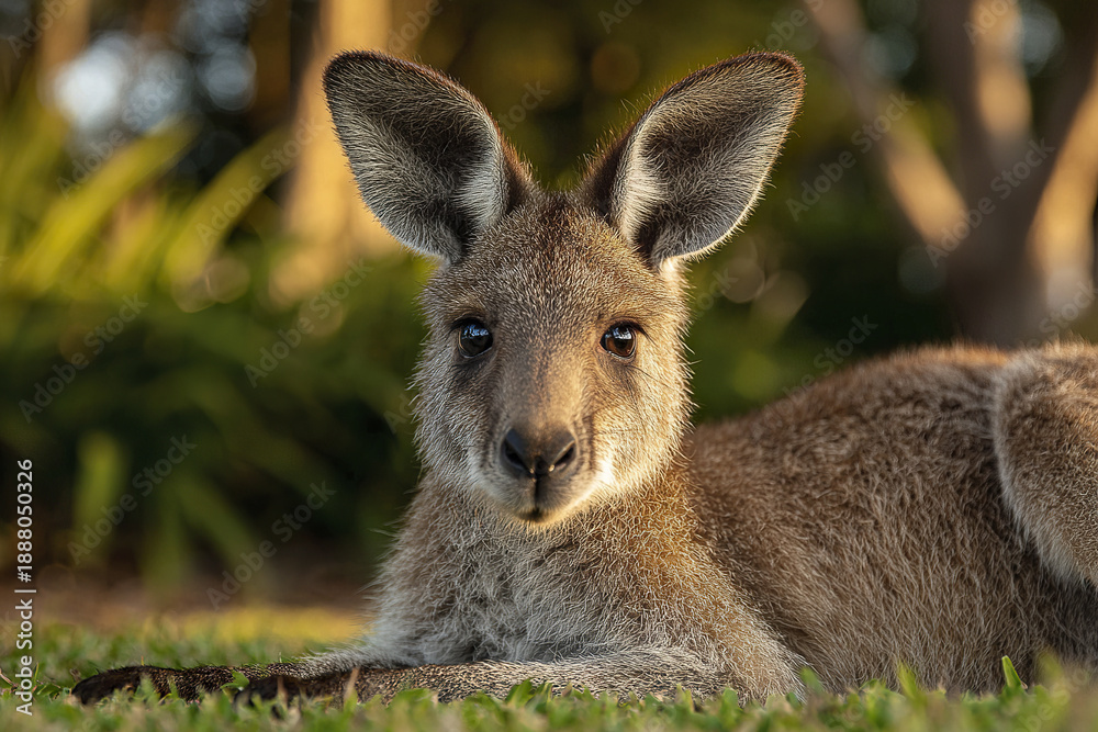 Fototapeta premium Young kangaroo lying on green grass with soft fur and large ears in natural outdoor setting, showing calm and relaxed wildlife moment in warm sunlight