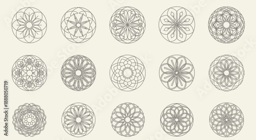 Collection of Traditional Asian Geometric Circular Patterns on Light Cream Background