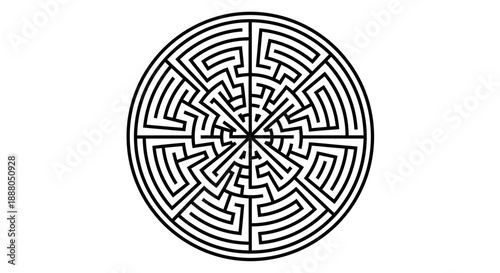 Intricate Circular Geometric Labyrinth Pattern, Complex Abstract Design Element, Isolated White Background