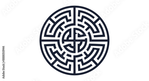 Intricate Circular Geometric Maze Labyrinth Pattern, Abstract Design Element, Isolated White Background