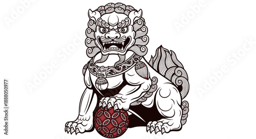 Traditional Chinese Foo Dog Imperial Guardian Lion Holding Ball, Hand Drawn Black and White Line Art, Isolated White Background