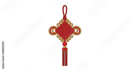 Simple Red Chinese Knot with a Single Tassel, isolated white background