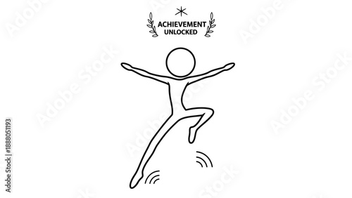 Simple line drawing of a person jumping with achievement unlocked text.