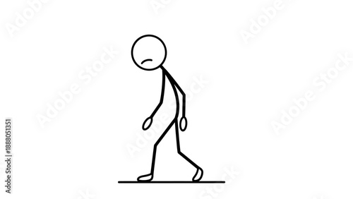 Simple stick figure walking with a sad expression on a white background.