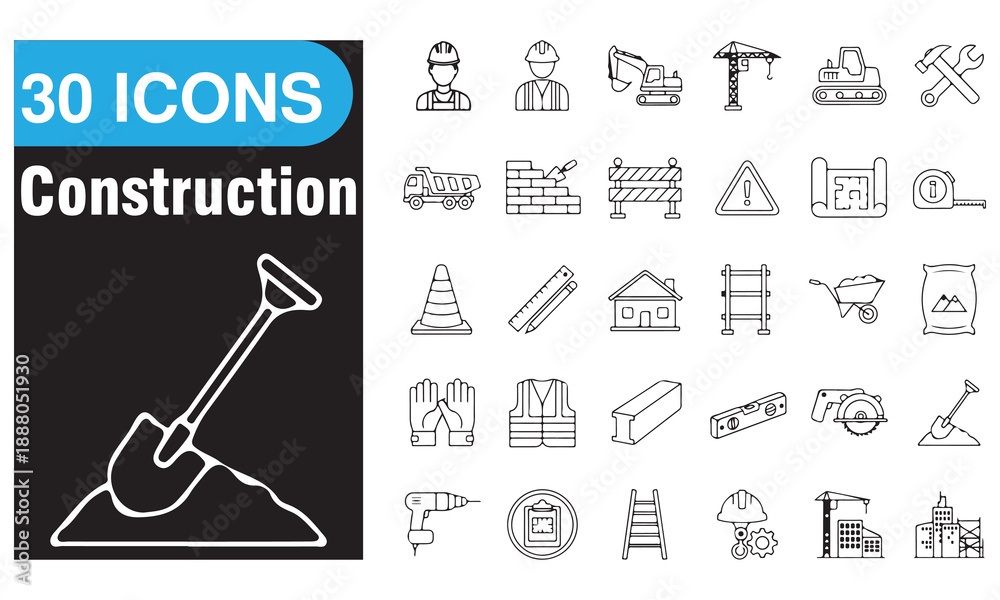 Obraz premium 30 Construction Icons Set | Building, Tools & Engineering Line Icons