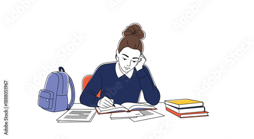 Young woman student studying at desk with books and backpack