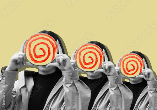 Foto Collage with a woman holding a red hypnotic spiral in front of her face
