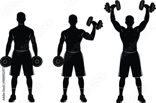 Man Silhouette Performing Dumbbell Overhead Press Exercise Sequence, Male Athlete Weightlifting Routine for Shoulder Workout, Fitness Training Stages Vector Illustration Isolated on White