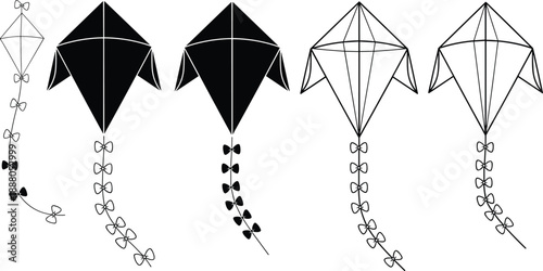 Kite icons set in silhouette and outline styles, flying paper kites with decorative tails and bows isolated on white background for outdoors,