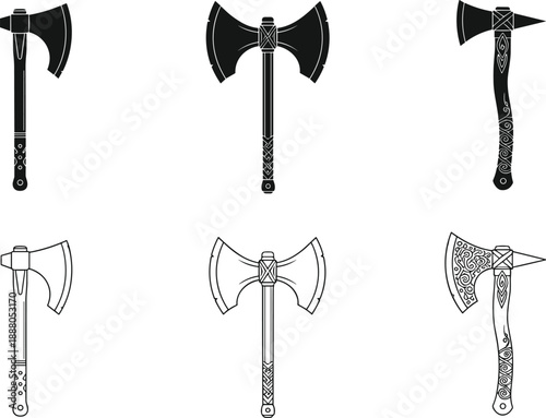 Viking and medieval battle axe icons set, featuring double-headed axes, Norse tomahawks, and decorative warrior weapons isolated on white background for game design