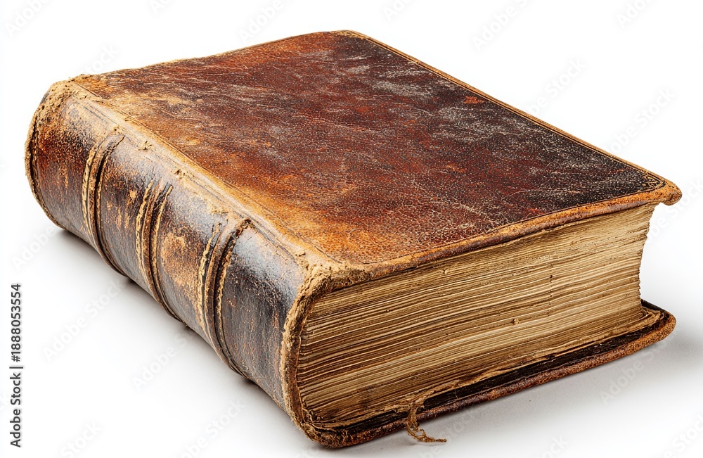 Obraz premium Timeless Tome: An antique book with a weathered leather cover, its pages worn with age, evokes a sense of history, knowledge, and the enduring power of words.