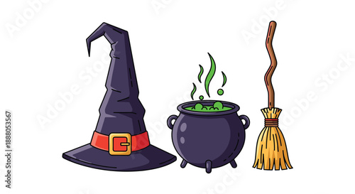 Warlock or witch accessories including a pointed hat, magical bubbling cauldron, and an old wooden broomstick for Halloween themes.