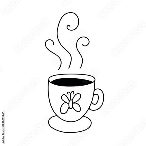 Single hand drawn cup of coffee, cappuccino, chocolate, cocoa, americano or tea. Doodle vector illustration. Isolated on a white background.