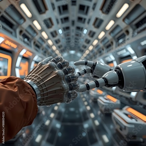 Close-up of hands meeting over a futuristic setting, with robotic elements and high-tech, sleek designs.