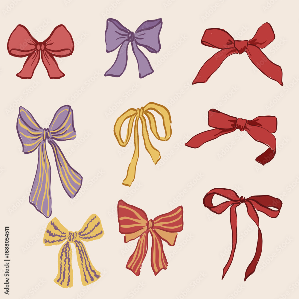 Fototapeta premium Vector set of red, yellow and violet bows. Hand-drawn gift ribbons isolated on white background. Holiday illustration for design, print, fabric or background.