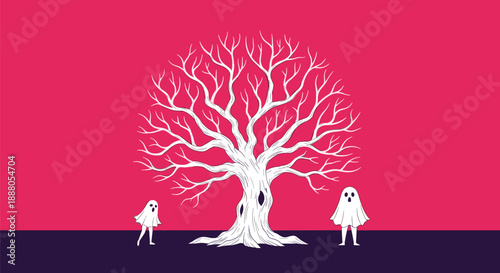 Spooky white leafless tree against a bright pink background with two cute ghosts on a dark purple ground.
