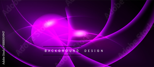 Abstract purple design features flowing lines, bright glows, dark background. Modern aesthetic, dynamic composition, suitable backdrop.