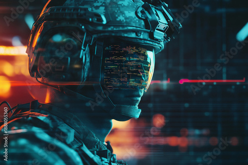 Futuristic soldier aiming through advanced ai hologram interface for military defense control, generative ai