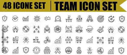 Team icon set with editable line style vector symbols for business collaboration, teamwork, corporate management, leadership, human resources, startup teams, office communication, group strategy, and 