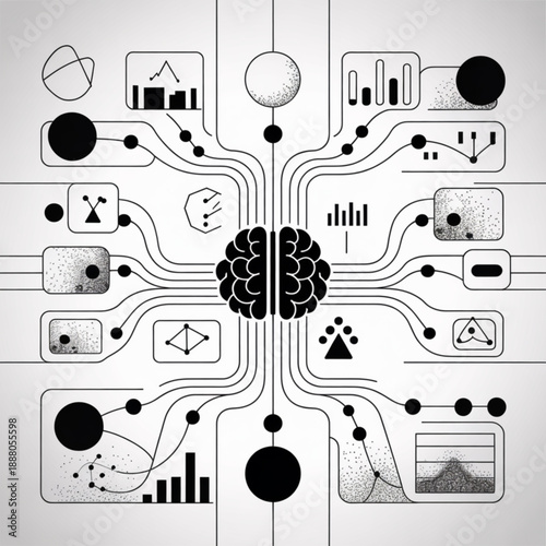 Stylized black brain icon connected to diverse data visualizations in a minimalist graphic network.