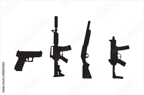 Silhouettes of assorted firearms against a stark white background