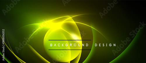 Bright yellow, green abstract lines create dynamic flow. Dark background emphasizes glowing central point, text reads background design.