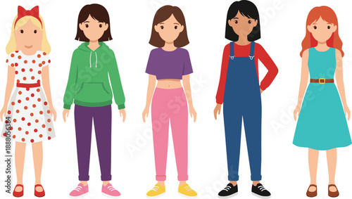 Set of young women characters standing vector illustration, diverse female people collection for fashion and lifestyle design