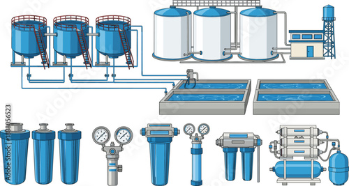 Water treatment and filtration system vector illustration, industrial purification equipment set with tanks, pipes and filters collection