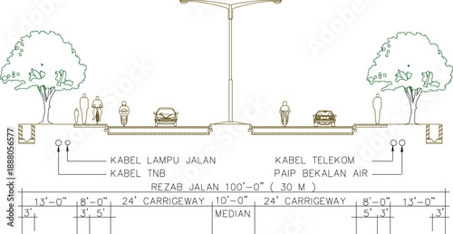 Road sections view vector sketch silhouette illustration design image with vehicles and tree park beside the road 