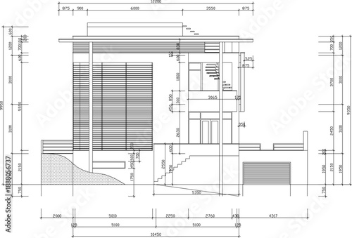 Vector sketch illustration silhouette design architectural engineering drawing section view of luxury multi-storey villa house with scale size