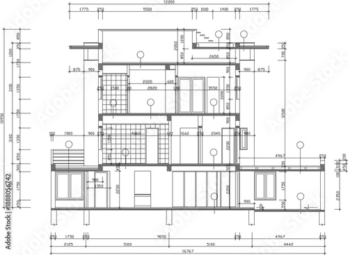 Vector sketch illustration silhouette design architectural engineering drawing section view of luxury multi-storey villa house with scale size 