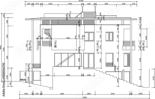 Vector sketch illustration silhouette design architectural engineering drawing section view of luxury multi-storey villa house with scale size 