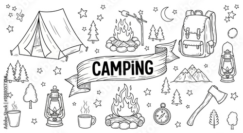 Camping adventure illustration with Doodle Vector elements, tent, campfire, and hiking gear surrounded by stars and trees