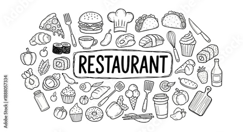 Doodle Vector illustration of a restaurant scene with food, utensils, and chef elements in a circular arrangement