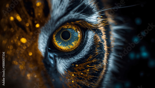 Artistic close-up of a tiger’s eye with blue and gold tones, representing power and mystery.