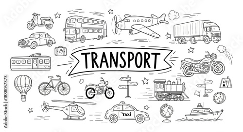 Doodle Vector illustration of various Transport modes including Bus, Car, Plane, Boat, and Bicycle in a lively scene