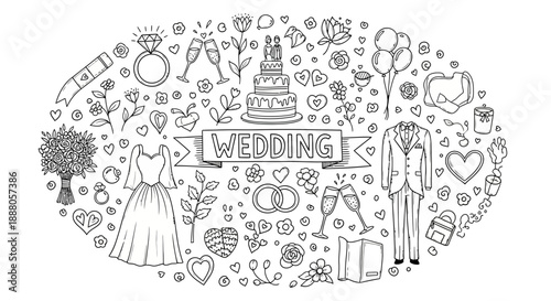 A vibrant wedding scene with groom, bride, cake, ring, bouquet doodle vector illustration surrounded by various wedding-related icons and symbols