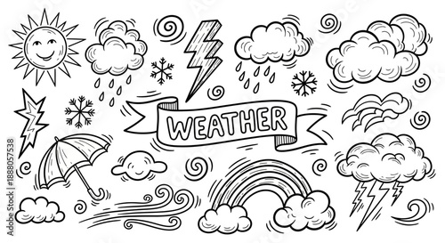 Doodle Vector illustration of weather elements, including sun, clouds, rain, and lightning, in a cartoon style, showcasing various weather conditions in a single frame.