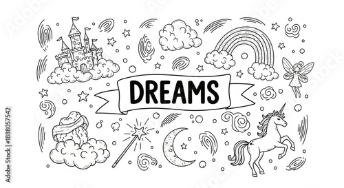 Whimsical Doodle Vector illustration of Dreams, Unicorn, Castle, Rainbow, and Moon in a fantastical scene