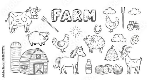 Doodle Vector illustration of a serene farm scene with animals, barn, and agricultural elements in a flat design style