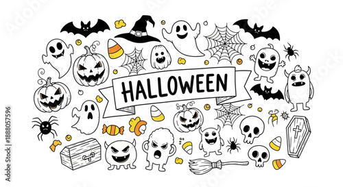 Halloween Doodle Vector Illustration with Ghosts, Pumpkins, Bats, and Skulls in a Festive Cartoon Style